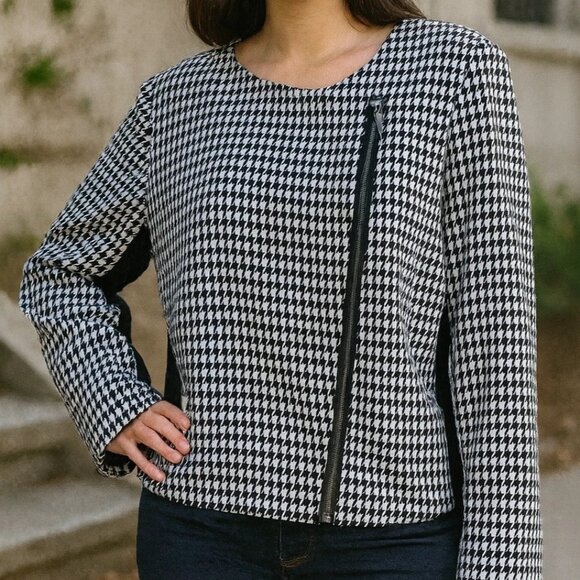 Lane Bryant Women’s Jacket Size 16 Houndstooth Black White Zip Front Stretch - Picture 1 of 8